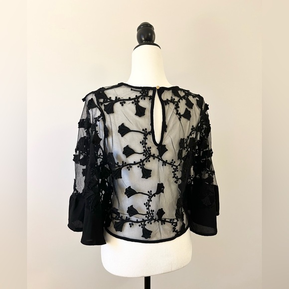 Black Elegant Sheer Organza Floral Embroidered Top, Evening - size Medium - Picture 4 of 5